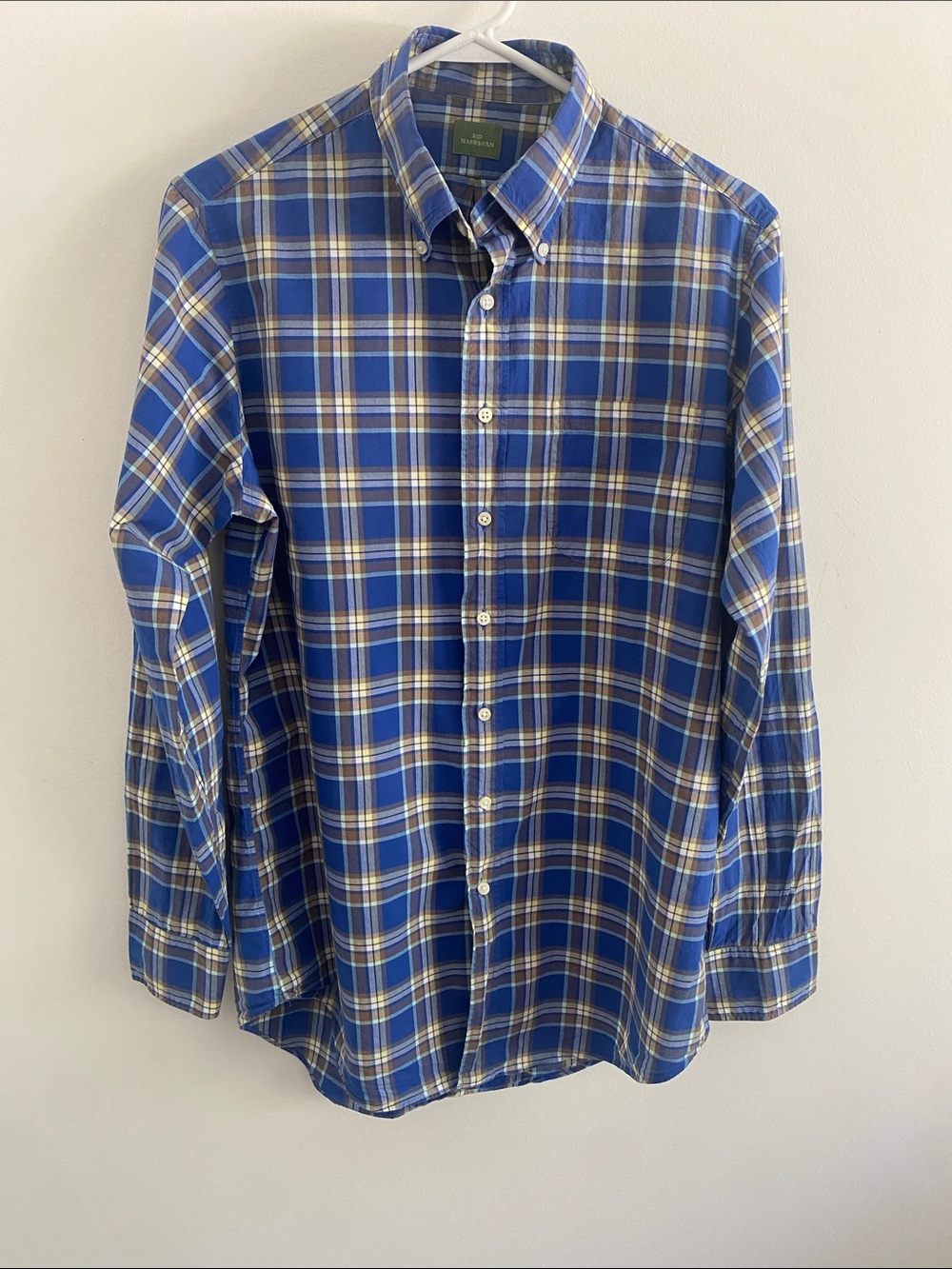 Sid Mashburn Button Down Plaid Cotton Shirt Blue Tan Size Medium